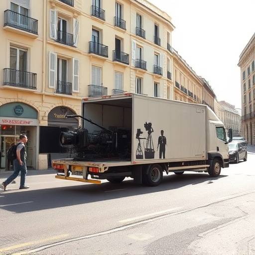 Camion de production gar√© dans une rue de Marseille, avec du mat√©riel de tournage d√©charg√©