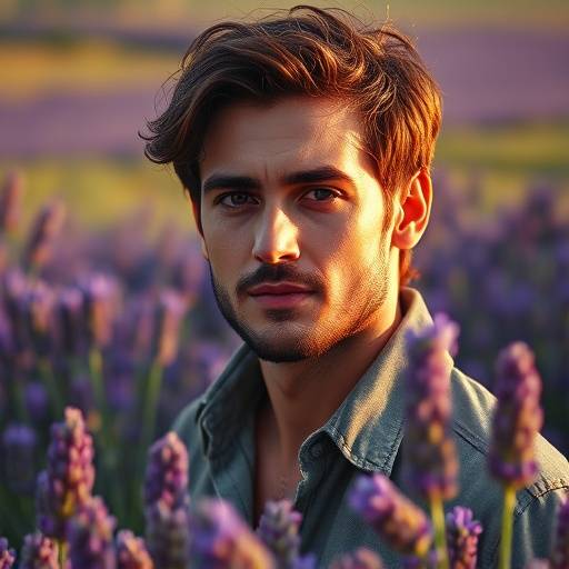 Portrait d'Antoine Duval, responsable de la logistique et de la coordination des tournages, posant devant un champ de lavande en fleur