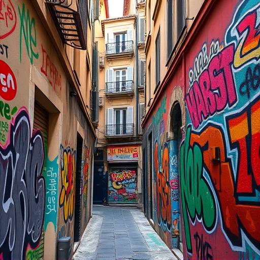 Une ruelle √©troite et color√©e dans le quartier du Panier √† Marseille avec des graffitis sur les murs