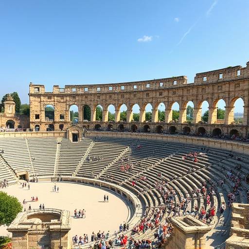 Une vue de l'amphith√©√¢tre romain d'Arles avec des spectateurs assis sur les gradins