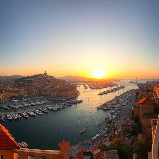 Vue panoramique du Vieux-Port de Marseille au coucher du soleil